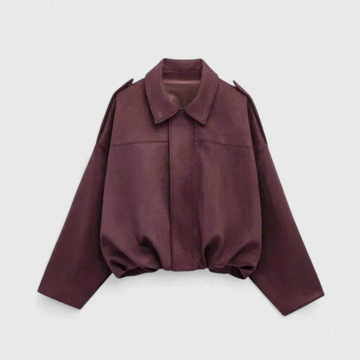 Chaqueta Cortada de Ante Sin Esfuerzo para Mujeres con Cuello, Manga Larga, Dobladillo Burbuja, Estilo Oversized y Relajado