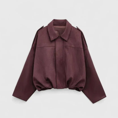 Chaqueta Cortada de Ante Sin Esfuerzo para Mujeres con Cuello, Manga Larga, Dobladillo Burbuja, Estilo Oversized y Relajado