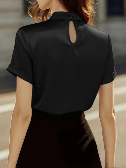 Blusa de Satén Elegante para Mujeres con Cuello con Abertura y Nudo, Manga Corta con Puño