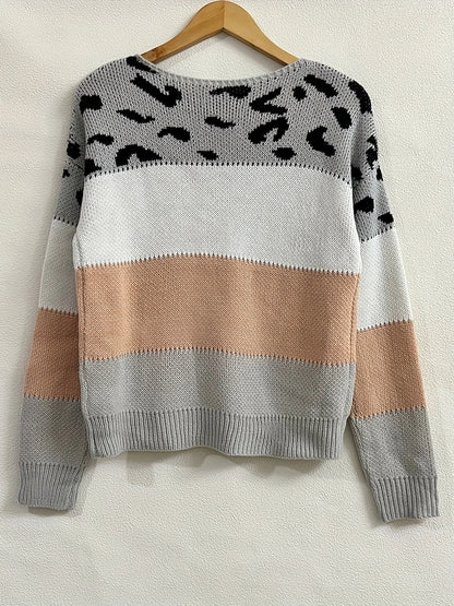 Suéter Colorblock de Leopardo Cómodo para Mujeres con Cuello Redondo y Manga Larga, Estilo Relajado y Oversized