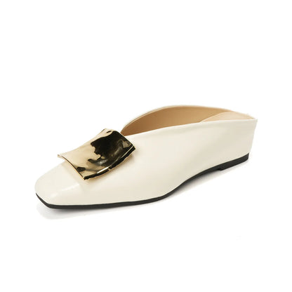 Mule Flats Elegantes de Cuero para Mujeres con Punta Cuadrada y Hebilla Dorada, Estilo Sin Talón y Fácil de Poner