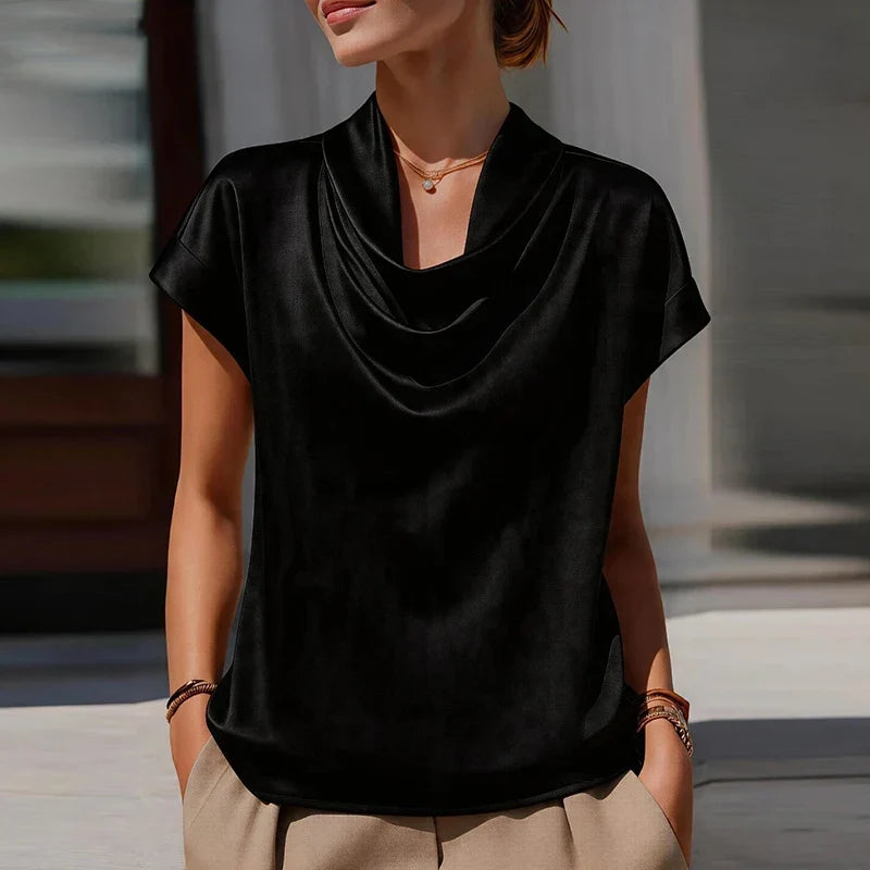 Blusa de Satén Elegante para Mujeres con Cuello Drapado y Mangas Cortas