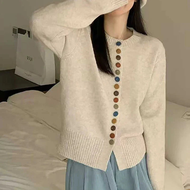 Suéter Cardigan Cómodo para Mujeres con Cuello Redondo, Manga Larga, Botones Frontales, Estilo Relajado y Oversized