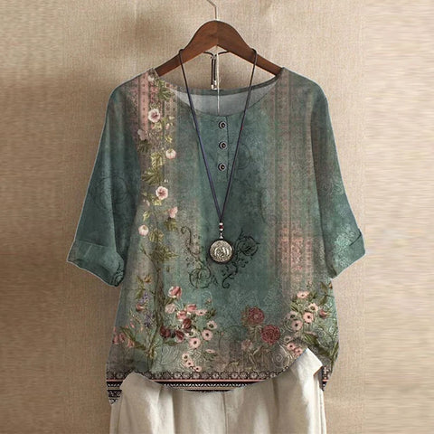 Blusa de Estampado de Parchwork sin Esfuerzo para Mujeres con Cuello Redondo, Manga Corta y Botones al Frente, Estilo Bohemio