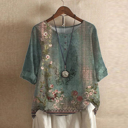 Blusa de Estampado de Parchwork sin Esfuerzo para Mujeres con Cuello Redondo, Manga Corta y Botones al Frente, Estilo Bohemio