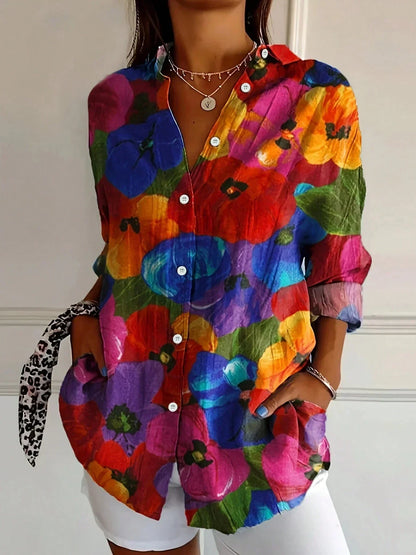 Blusa Floral Impresa Sin Esfuerzo para Mujeres con Cuello, Manga Larga, Botones en la Parte Frontal, Estilo Relajado