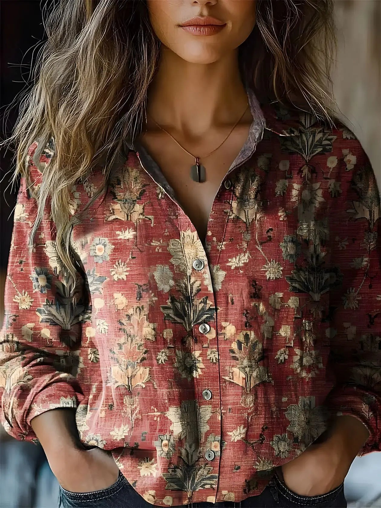 Blusa Floral Sin Esfuerzo para Mujeres con Cuello, Manga Larga, Botones en el Frente, Estilo Bohemio Relajado