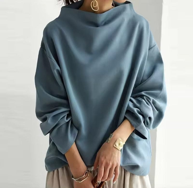 Blusa Oversized Cómoda para Mujeres con Cuello Alto y Manga Globo Estilo Tranquilo