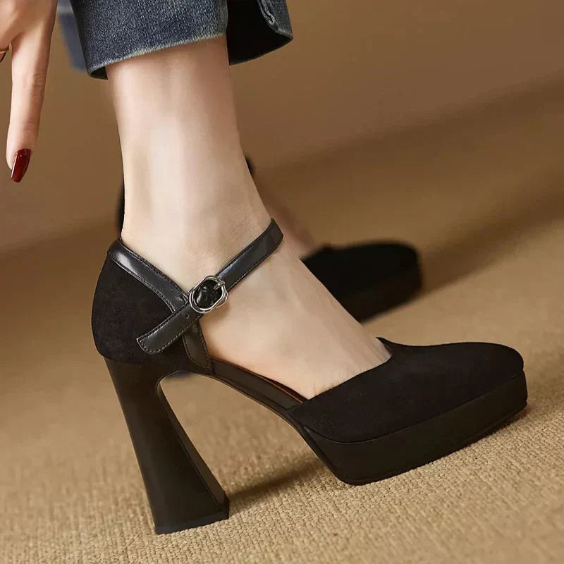 Elegantes Zapatos de Tacón Plataforma de Ante para Mujeres con Correa de Hebilla Mary Jane y Tacón Grueso