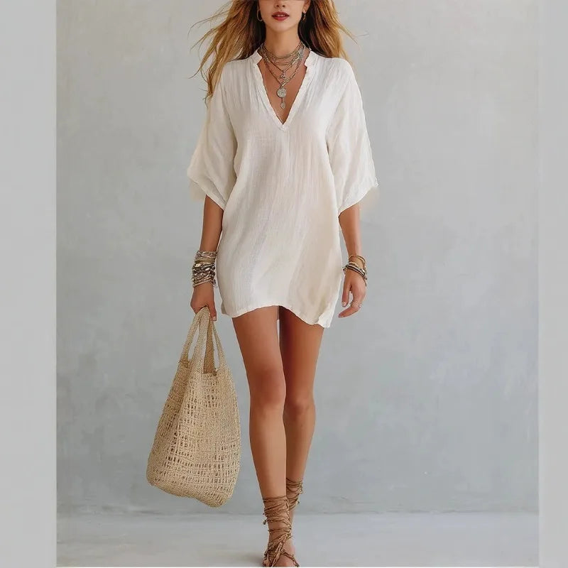 Vestido Mini de Lino Sin Esfuerzo para Mujeres con Escote en V y Manga Corta Estilo Bohemio Relajado