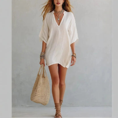 Vestido Mini de Lino Sin Esfuerzo para Mujeres con Escote en V y Manga Corta Estilo Bohemio Relajado