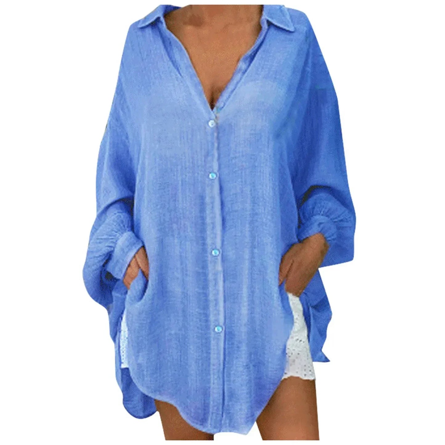 Blusa de Lino con Botones para Mujeres, Sin Esfuerzo, con Cuello, Manga Larga, Oversized, Estilo Relaxado Alto-Bajo