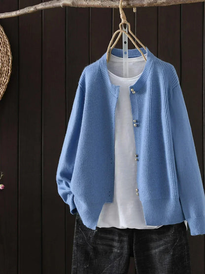 Cárdigan Acogedor de Canalé para Mujeres con Cuello Redondo y Mangas Largas, Botones de Perla, Estilo Relajado y Oversized