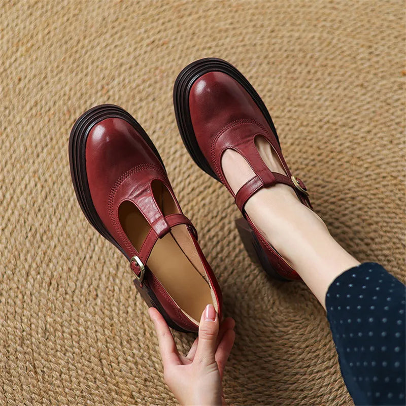 Zapatos Mary Jane de Cuero Elegantes para Mujeres con Plataforma T Strap y Tacón Grueso Estilo Vintage