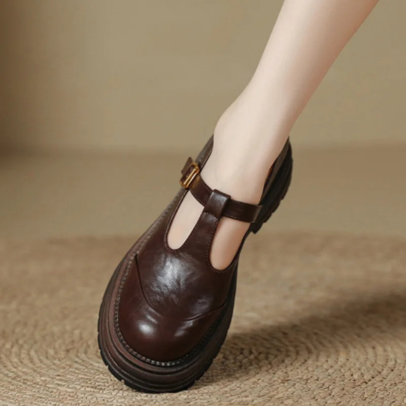 Zapato de Plataforma Mary Jane de Cuero Elegante para Mujeres con Hebilla T Strap y Suela Gruesa Estilo Vintage
