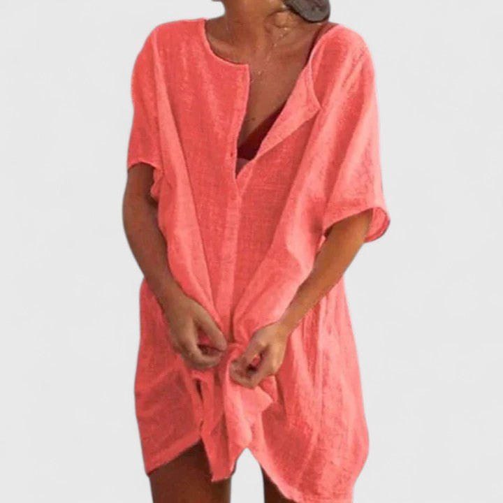 Vestido Cubierta de Lino Sin Esfuerzo para Mujeres con Escote en V, Manga Corta y Estilo Relajado