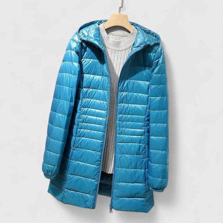Chaqueta Puffer Acolchada Sin Esfuerzo para Mujeres con Capucha, Manga Larga, Ligera y Estilo Casual de Corte Largo