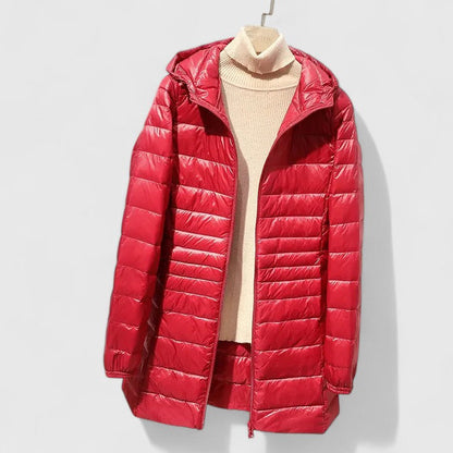 Chaqueta Puffer Acolchada Sin Esfuerzo para Mujeres con Capucha, Manga Larga, Ligera y Estilo Casual de Corte Largo