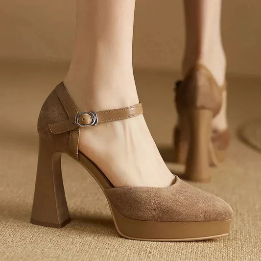Elegantes Zapatos de Tacón Plataforma de Ante para Mujeres con Correa de Hebilla Mary Jane y Tacón Grueso