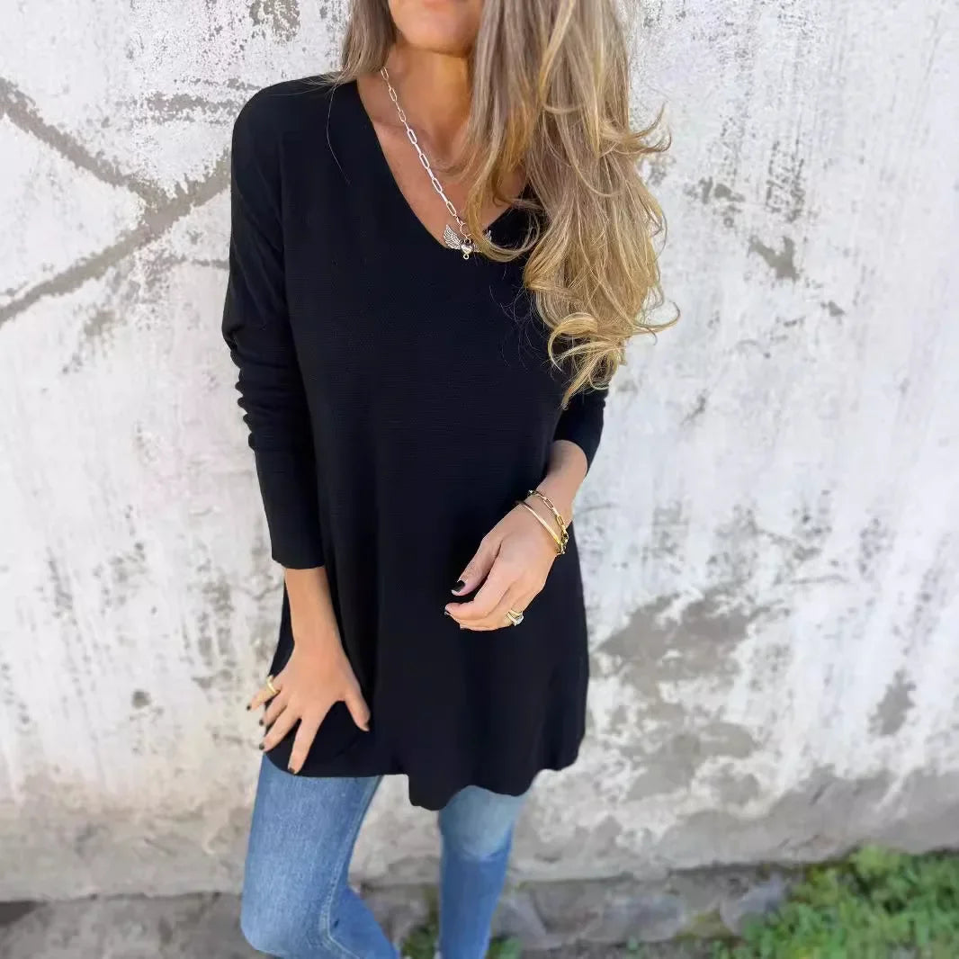 Túnica de Suéter de Punto Acanalado Cómoda para Mujeres con Cuello en V y Manga Larga Estilo Oversized Relajado