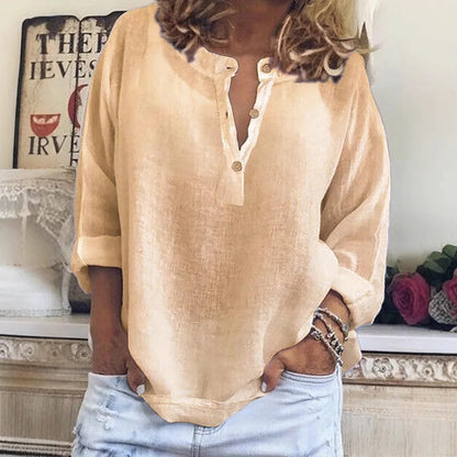 Blusa de Lino Sin Esfuerzo para Mujeres con Cuello en V, Manga Larga, Botones en la Parte Frontal, Estilo Casual Relajado
