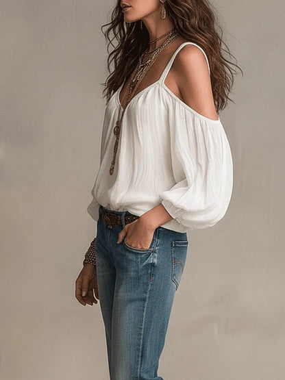 Blusa de Gasa de Algodón Sin Esfuerzo para Mujeres con Escote en V, Hombros Descubiertos, y Mangas de Globo Estilo Bohemio