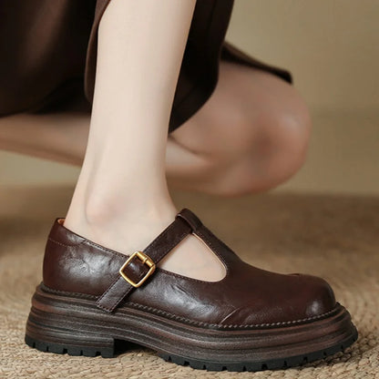 Zapato de Plataforma Mary Jane de Cuero Elegante para Mujeres con Hebilla T Strap y Suela Gruesa Estilo Vintage