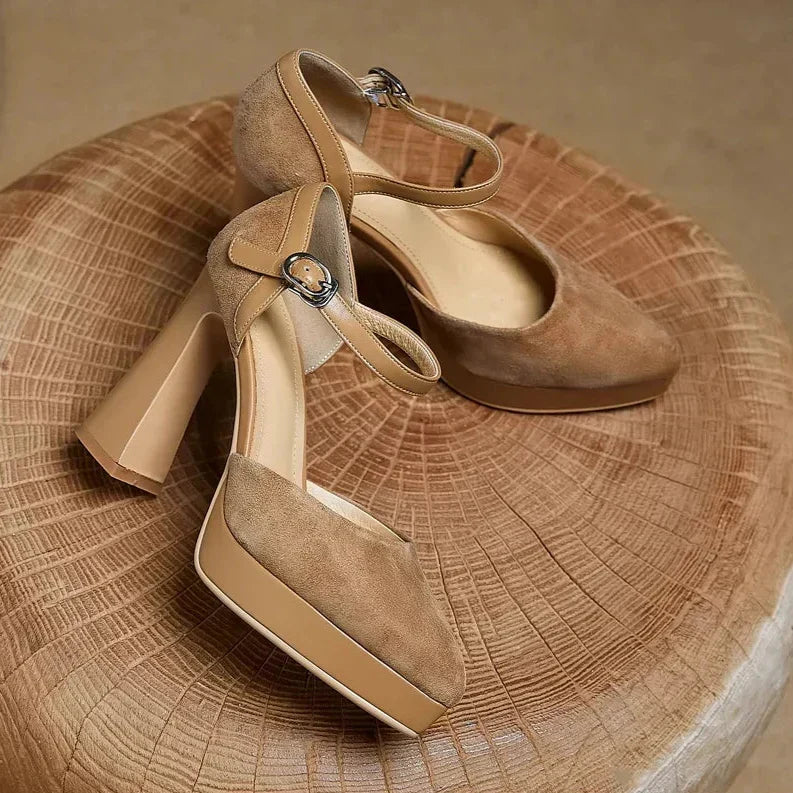 Elegantes Zapatos de Tacón Plataforma de Ante para Mujeres con Correa de Hebilla Mary Jane y Tacón Grueso