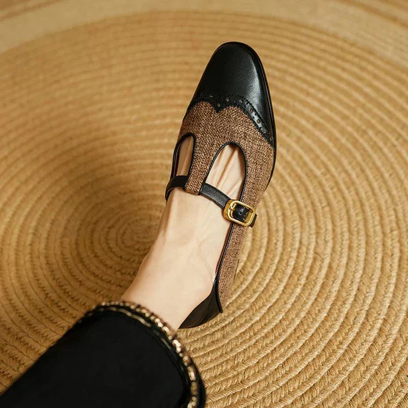 Elegante plano Mary Jane de tweed para mujeres con hebilla T Strap estilo brogue