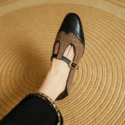 Elegante plano Mary Jane de tweed para mujeres con hebilla T Strap estilo brogue