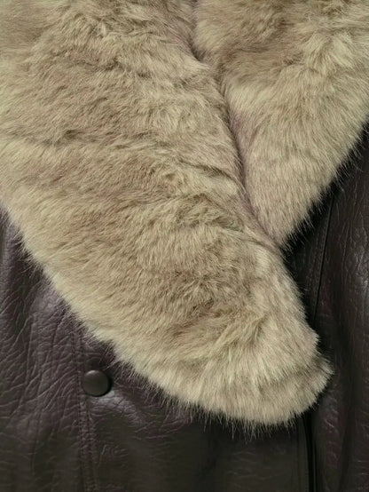 Chaqueta Bomber de Cuero Elegante para Mujeres con Cuello de Piel Sintética, Manga Larga, Estilo Relajado con Botones a Presión