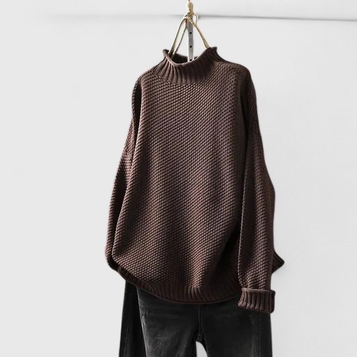 Suéter Chunky Cómodo para Mujeres con Cuello Alto, Manga Larga, Corte Relajado y Dobladillo Curvado