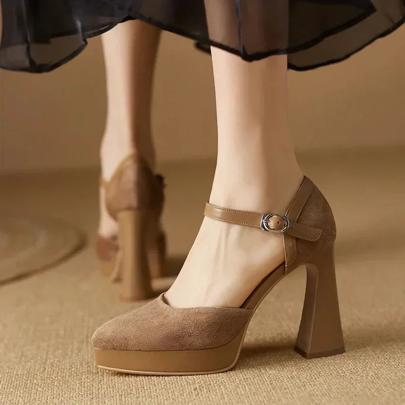 Elegantes Zapatos de Tacón Plataforma de Ante para Mujeres con Correa de Hebilla Mary Jane y Tacón Grueso