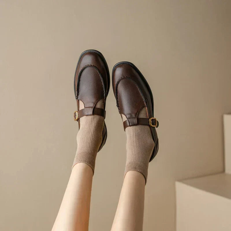 Elegantes Zapatos Mary Jane de Cuero para Mujeres con Punta Redonda y Hebilla T Strap Estilo Vintage