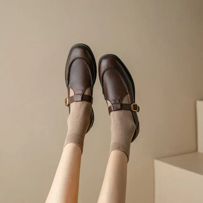 Elegantes Zapatos Mary Jane de Cuero para Mujeres con Punta Redonda y Hebilla T Strap Estilo Vintage