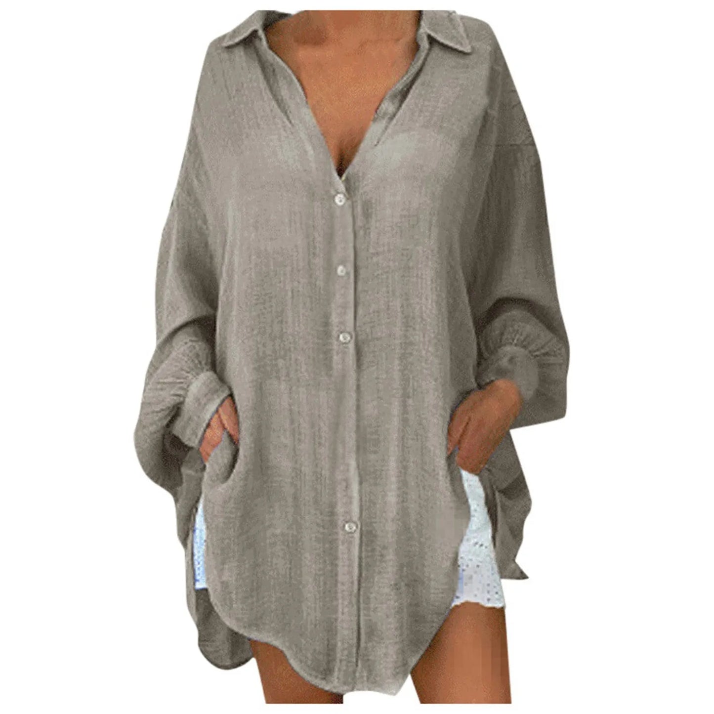 Blusa de Lino con Botones para Mujeres, Sin Esfuerzo, con Cuello, Manga Larga, Oversized, Estilo Relaxado Alto-Bajo
