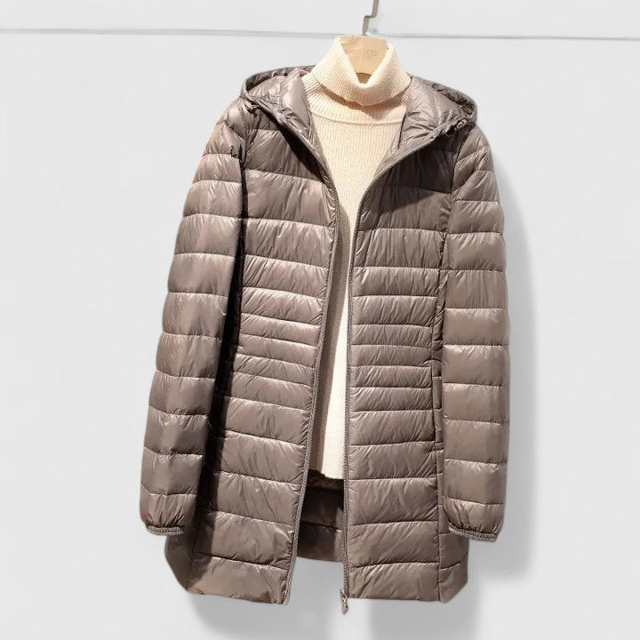 Chaqueta Puffer Acolchada Sin Esfuerzo para Mujeres con Capucha, Manga Larga, Ligera y Estilo Casual de Corte Largo