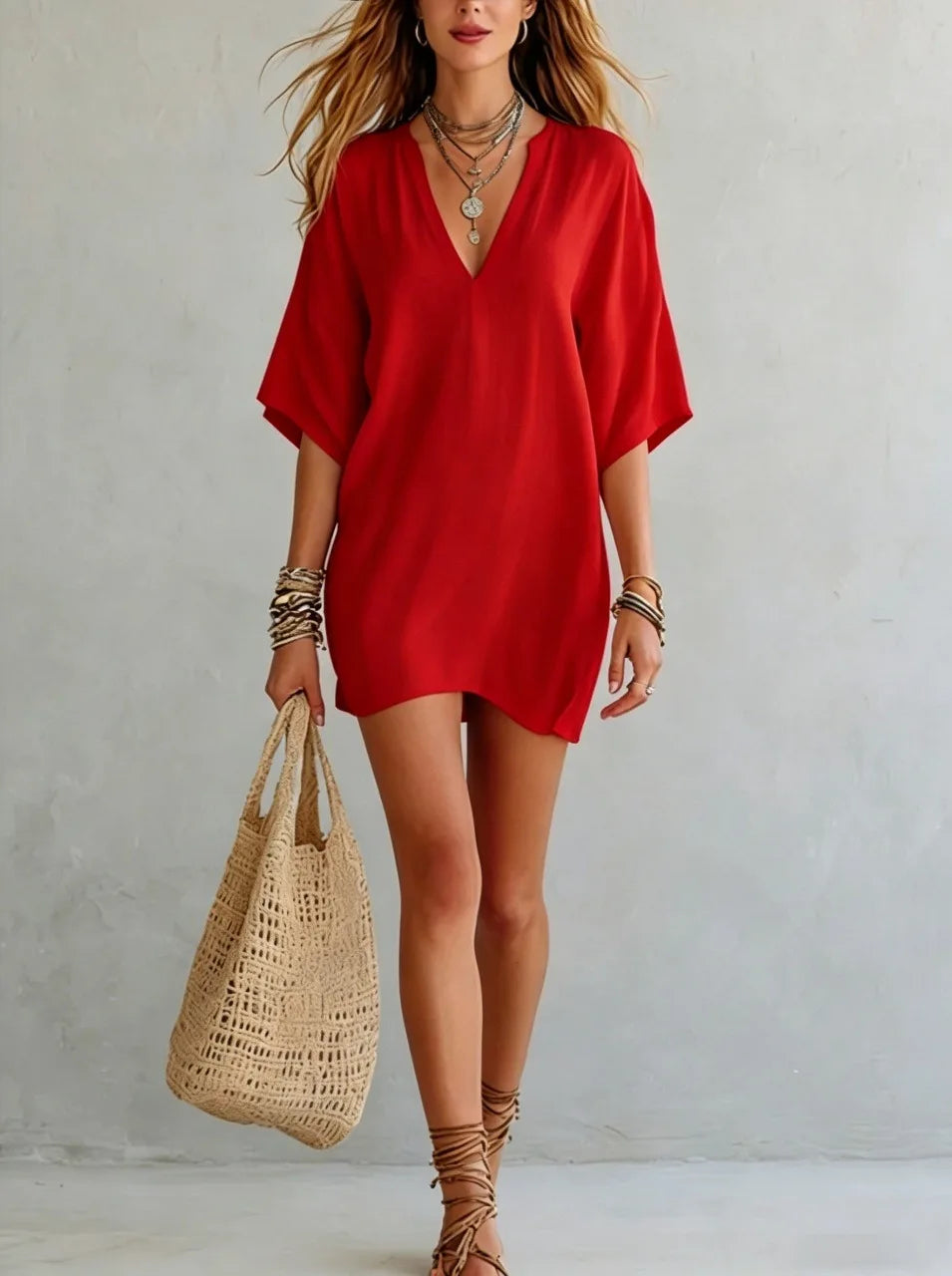 Vestido Mini de Lino Sin Esfuerzo para Mujeres con Escote en V y Manga Corta Estilo Bohemio Relajado