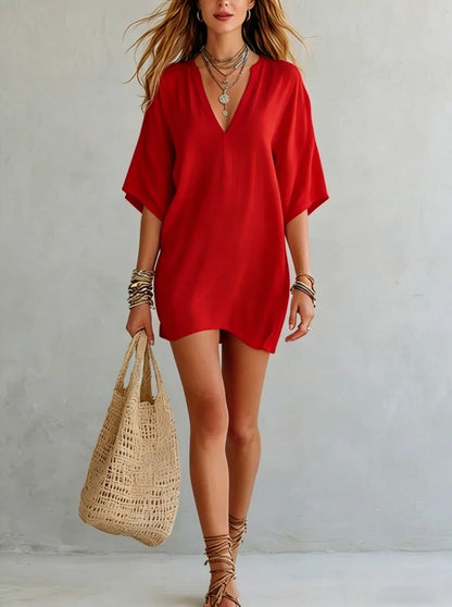 Vestido Mini de Lino Sin Esfuerzo para Mujeres con Escote en V y Manga Corta Estilo Bohemio Relajado