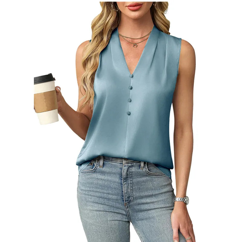 Blusa de Satén Elegante para Mujeres con Escote en V Sin Mangas y Botones Frontales Estilo Relajado