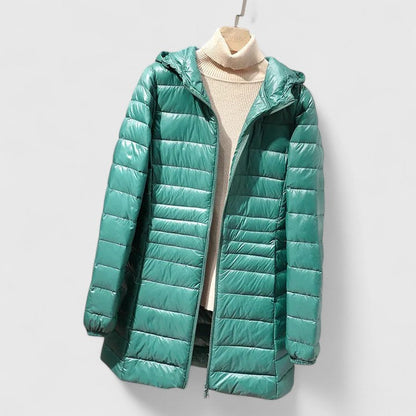 Chaqueta Puffer Acolchada Sin Esfuerzo para Mujeres con Capucha, Manga Larga, Ligera y Estilo Casual de Corte Largo