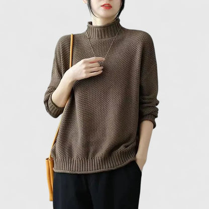 Suéter Chunky Cómodo para Mujeres con Cuello Alto, Manga Larga, Corte Relajado y Dobladillo Curvado