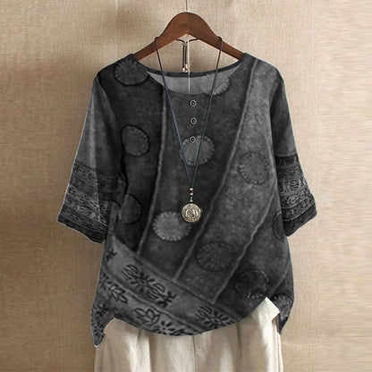 Blusa de Impresión Patchwork Sin Esfuerzo para Mujeres con Cuello Redondo, Manga Corta y Detalle de Botón Estilo Boho