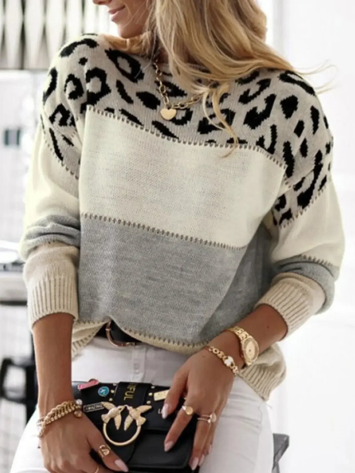 Suéter Colorblock de Leopardo Cómodo para Mujeres con Cuello Redondo y Manga Larga, Estilo Relajado y Oversized
