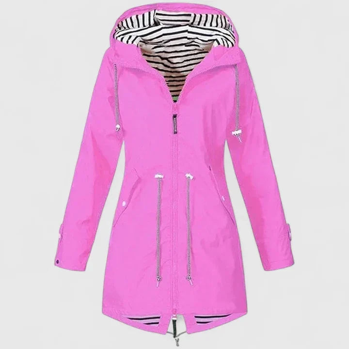 Chaqueta de Lluvia a Rayas para Mujeres con Capucha, de Estilo Relajado y Cierre Frontal con Cremallera