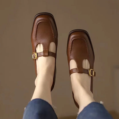 Elegantes Mocasines Mary Jane de Cuero para Mujeres con Hebilla T Strap, Punta Cuadrada y Tacón Bloque Estilo Vintage