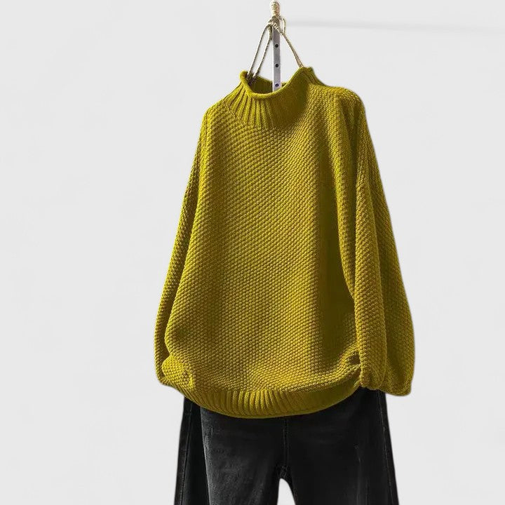Suéter Chunky Cómodo para Mujeres con Cuello Alto, Manga Larga, Corte Relajado y Dobladillo Curvado