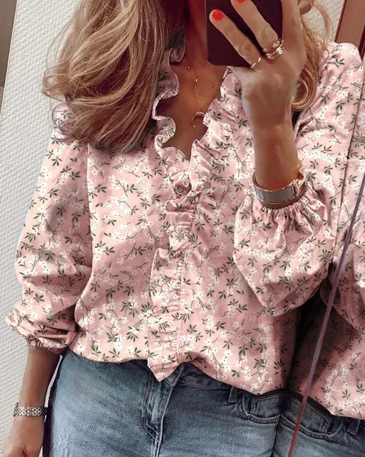 Blusa con Volantes Sin Esfuerzo para Mujeres con Cuello en V, Manga Larga y Puño Elástico, Estilo Casual