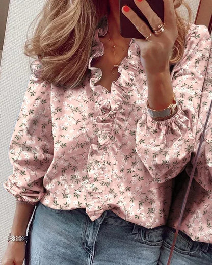 Blusa con Volantes Sin Esfuerzo para Mujeres con Cuello en V, Manga Larga y Puño Elástico, Estilo Casual