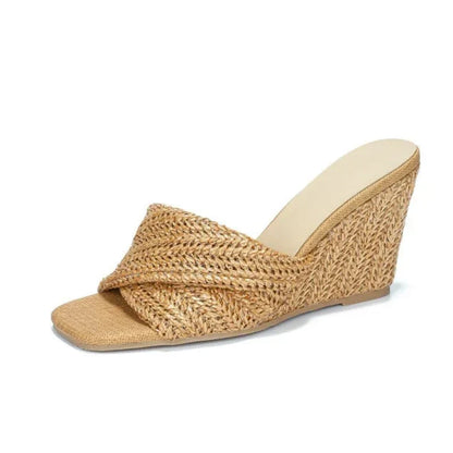 Sandalía de Cuña de Rafía Tejida con Estilo para Mujeres con Tira Trenzada Abierta en los Dedos y Plataforma